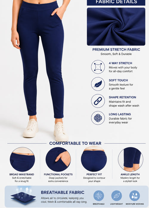 Women Navy Blue Lycra Jeggings | 4 Way Stretch Slim Fit Ankle Length Leggings Pant with Pockets