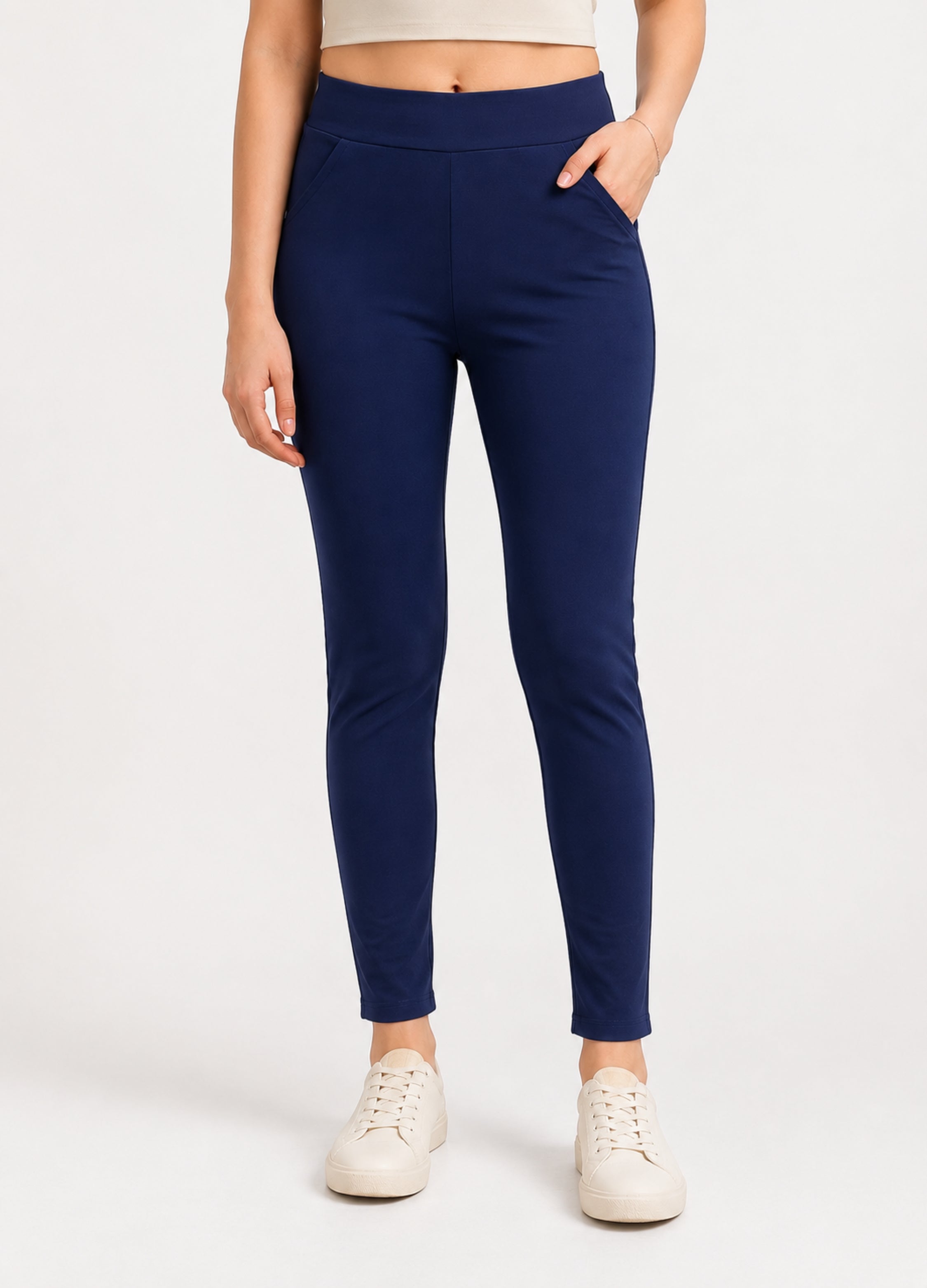 Women Navy Blue Lycra Jeggings | 4 Way Stretch Slim Fit Ankle Length Leggings Pant with Pockets