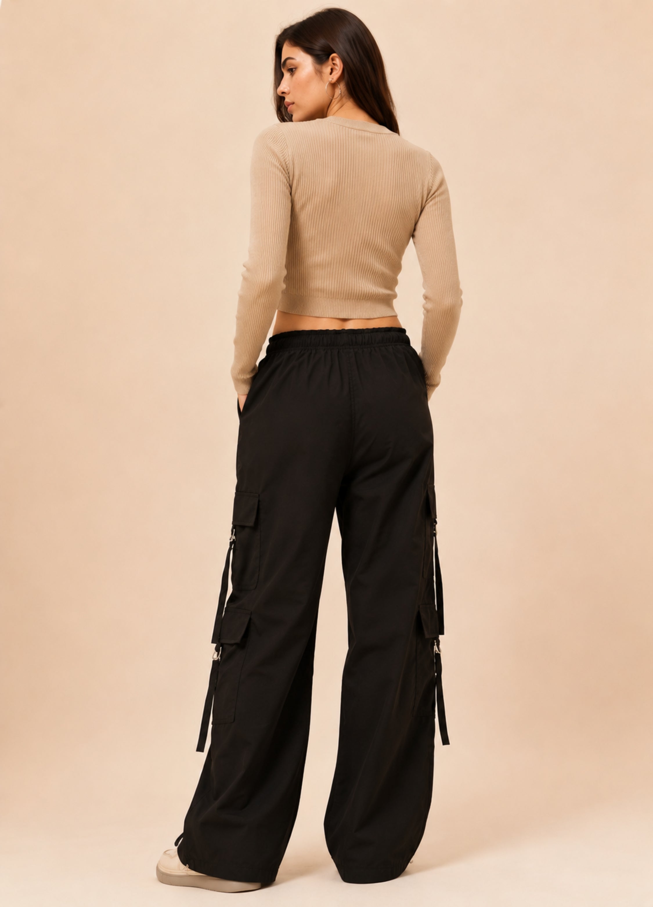 Stiner Women Black Wide Leg Cargo Pants | Multi Pocket Utility Cargo