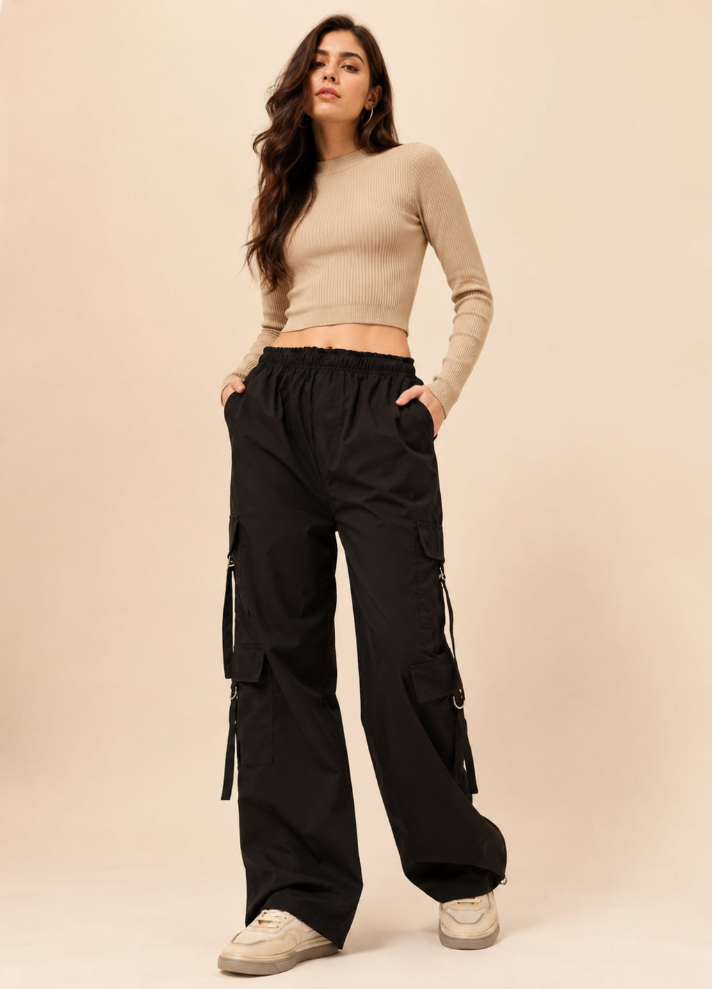 Stiner Women Black Wide Leg Cargo Pants | Multi Pocket Utility Cargo