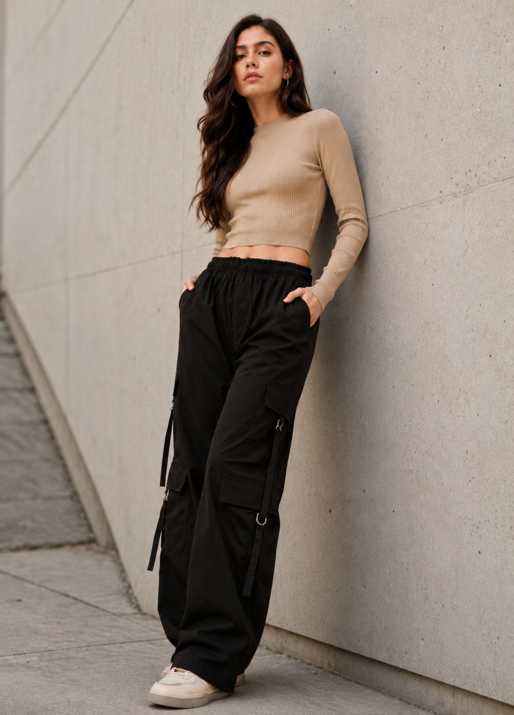Stiner Women Black Wide Leg Cargo Pants | Multi Pocket Utility Cargo