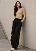 Stiner Women Black Wide Leg Cargo Pants | Multi Pocket Utility Cargo