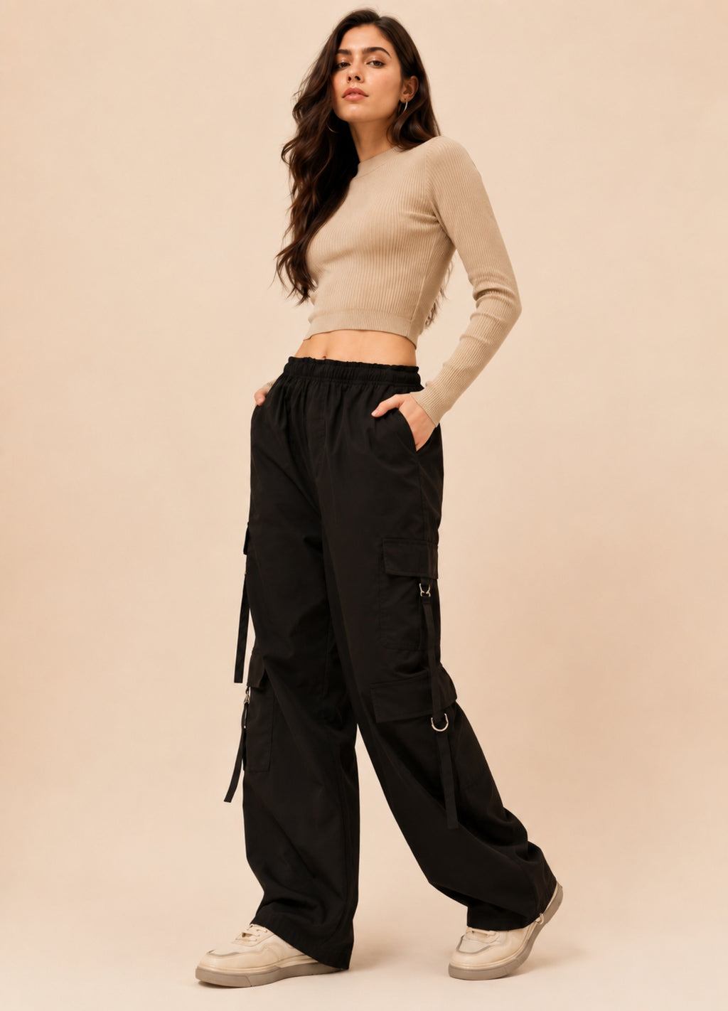 Stiner Women Black Wide Leg Cargo Pants | Multi Pocket Utility Cargo